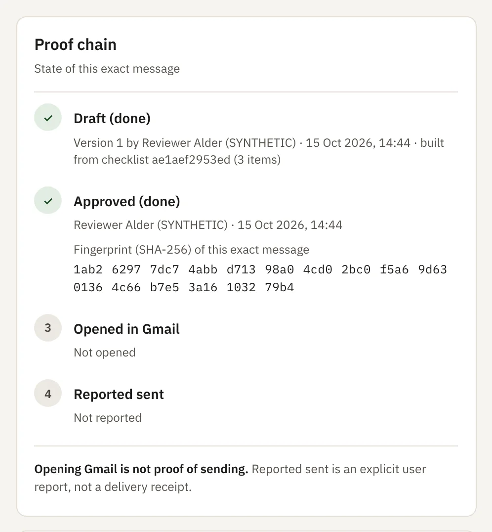 Screenshot of a chase draft's proof chain in the demo after approving it: drafted, then approved with the approver, the time and the full message fingerprint; not opened in Gmail or reported sent; and the note that opening Gmail is not proof of sending.